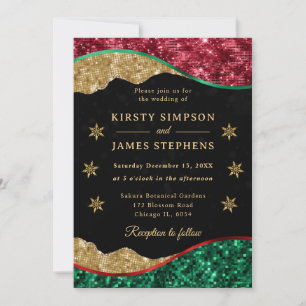 Elegant Green Red & Gold Snowflake Wedding Invitation