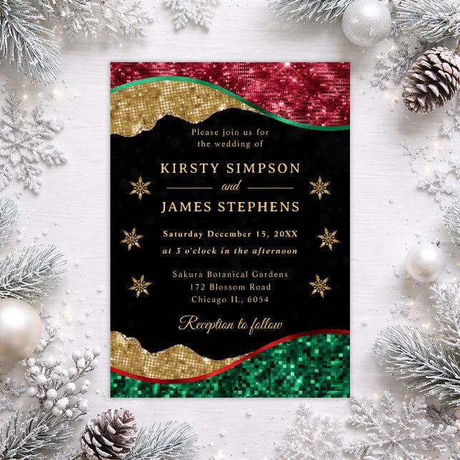 Elegant Green Red & Gold Snowflake Wedding Invitation (Creator Uploaded)