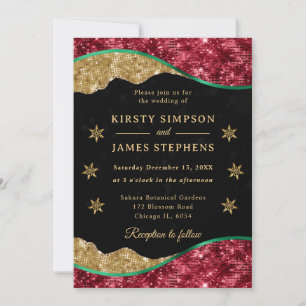 Elegant Green Red & Gold Snowflake Wedding Invitation