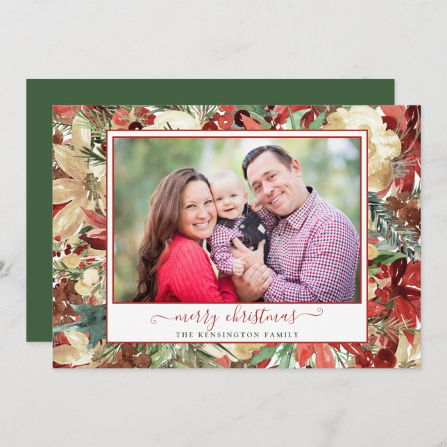 Elegant Green Red Holiday Floral Christmas Photo (Front/Back)