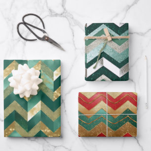 Elegant Green Red Metallic Silver Chevron Pattern Wrapping Paper Sheet