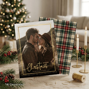 Elegant Green & Red Plaid Christmas Couple Photo Foil Holiday Card