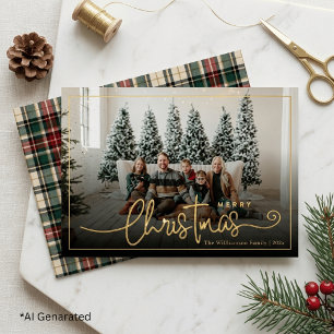 Elegant Green & Red Plaid Christmas Family Photo Foil Holiday Card