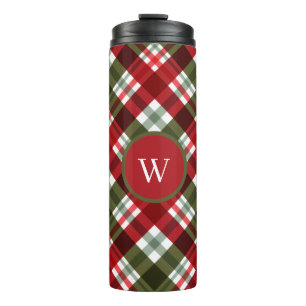 Elegant green Red Plaid Rustic Christmas monogram Thermal Tumbler