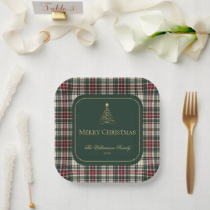 Elegant Green Red Tartan Plaid Christmas Tree Paper Plate