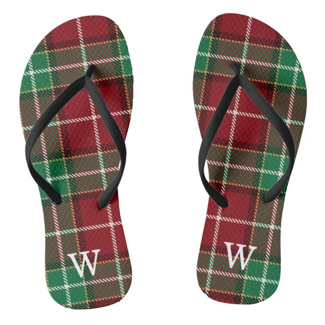 Elegant green & red tartan plaid Personalised  Thongs (Footbed)