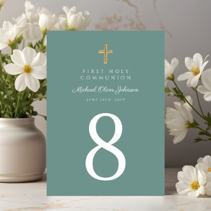 Elegant Green Religious Cross Boy First Communion Table Number