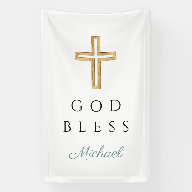 Elegant Green Religious Cross Boy God Bless Banner (Vertical)
