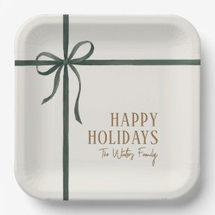 Elegant Green Ribbon Happy Holidays Paper Plate