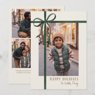 Elegant Green Ribbon Holiday Photo Card