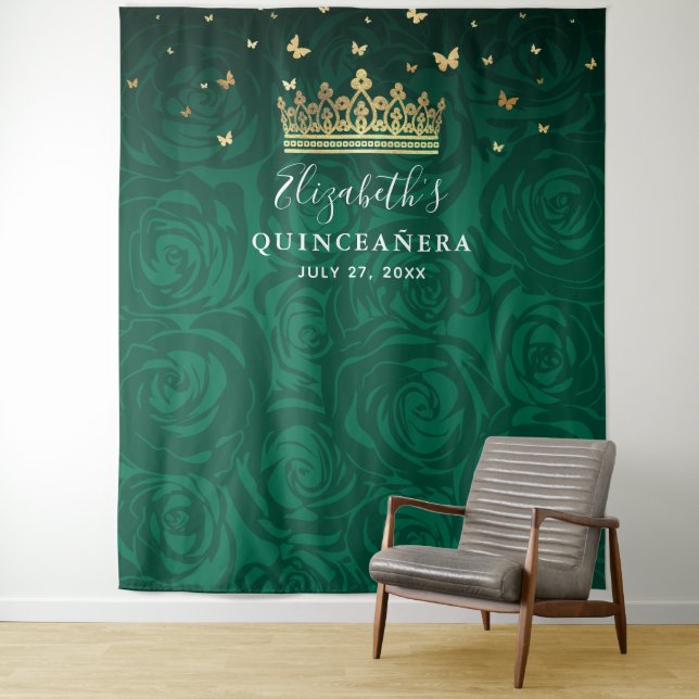 Elegant Green Rose Gold Black Birthday Photo Tapestry (In Situ)