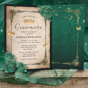 Elegant Green Rose Gold Black Quinceanera Invitation