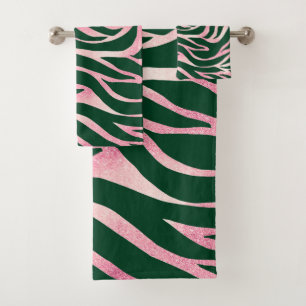 Elegant Green Rose Gold Glitter Zebra Bath Towel Set