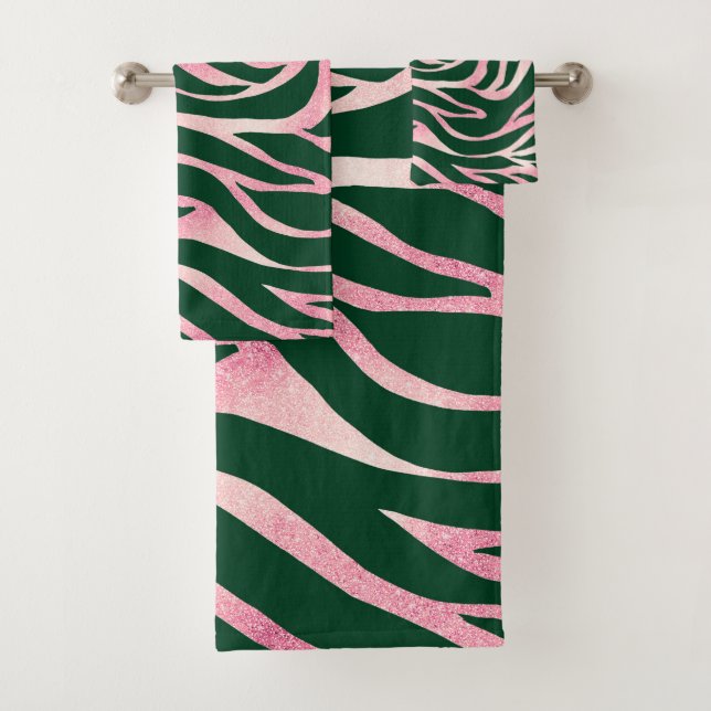 Elegant Green Rose Gold Glitter Zebra Bath Towel Set (Insitu)