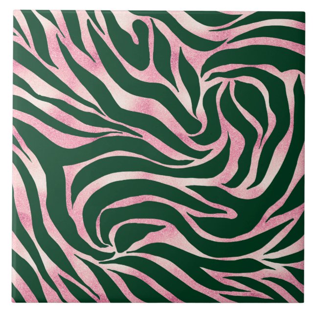 Elegant Green Rose Gold Glitter Zebra Ceramic Tile (Front)