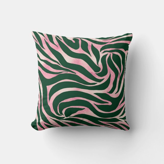 Elegant Green Rose Gold Glitter Zebra Cushion (Front)