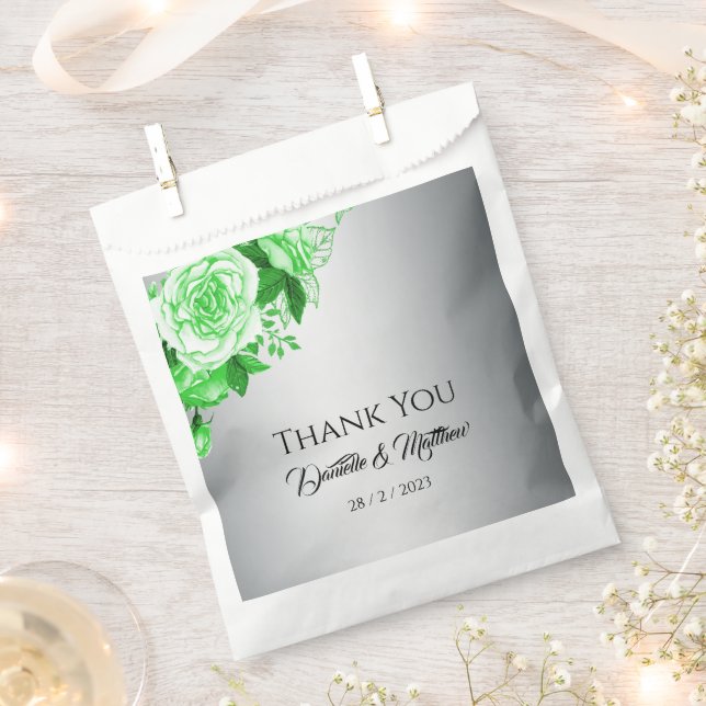 Elegant Green Roses on Silver Wedding  Favour Bag (Clipped)