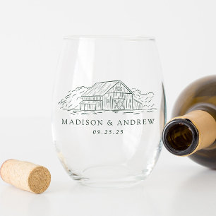 Elegant Green Rustic Barn Personalised Wedding Stemless Wine Glass