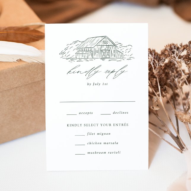 Elegant Green Rustic Barn Wedding Meal Choice RSVP Card (Creator Uploaded)