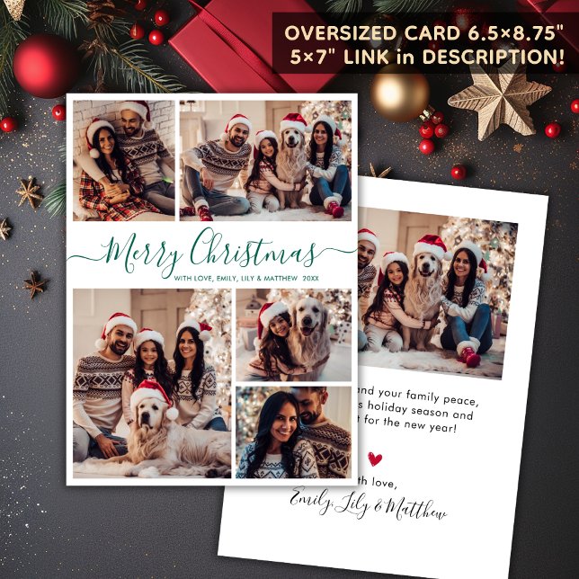 Elegant Green Script 5 Photo Collage Christmas  Holiday Card (Creator Uploaded)