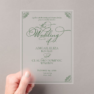 Elegant Green Script & Border Destination Wedding Acrylic Invitations