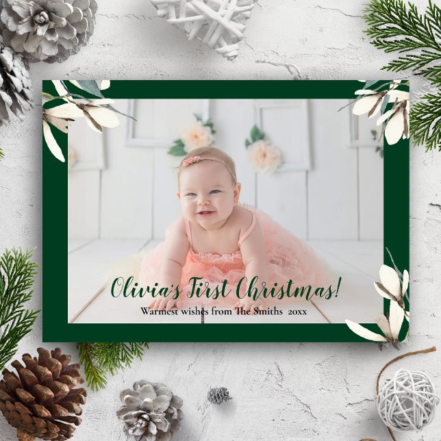 Elegant Green Script Magnolia Baby First Christmas Holiday Card (Creator Uploaded)