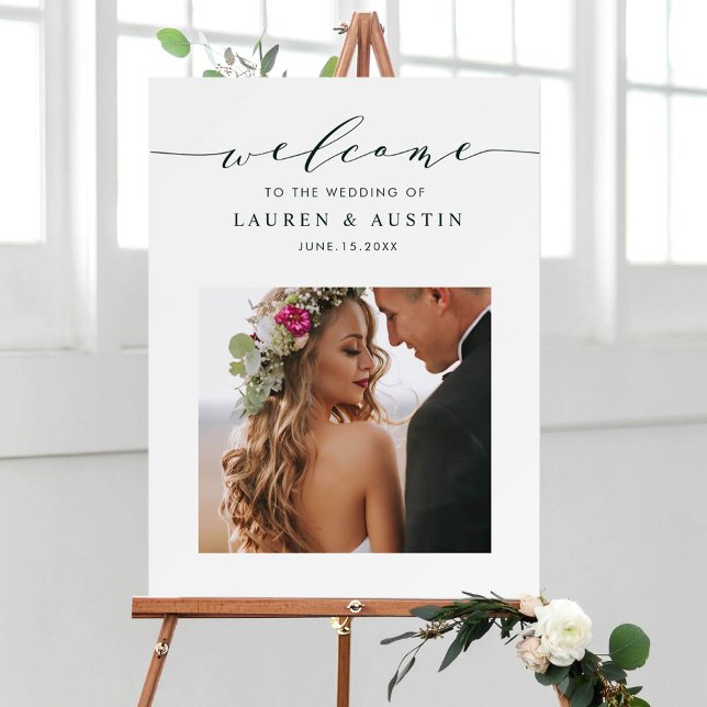 Elegant Green Script Photo Wedding Welcome Sign (Creator Uploaded)