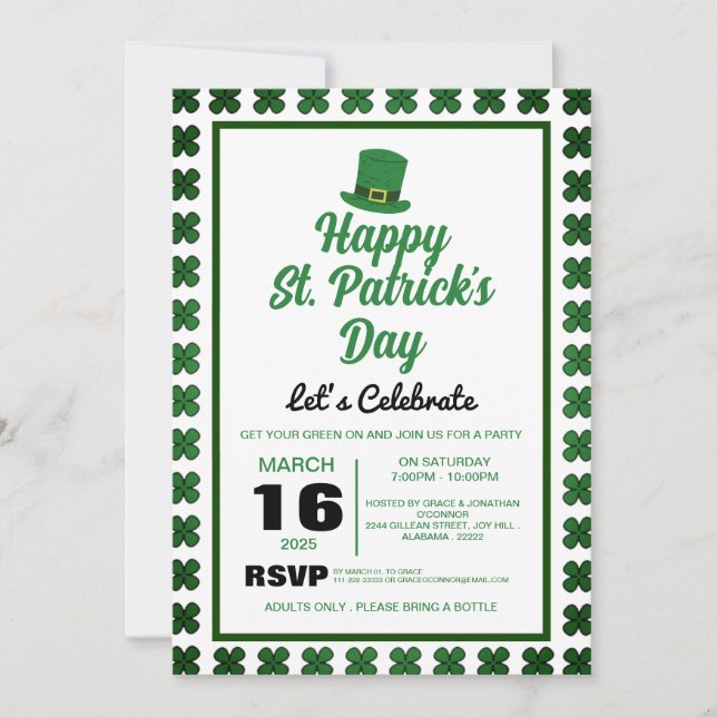 Elegant Green Shamrock St. Patrick's Day Party Invitation (Front)