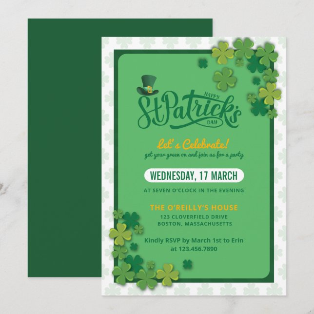 Elegant Green Shamrocks St. Patrick's Day Party Invitation (Front/Back)