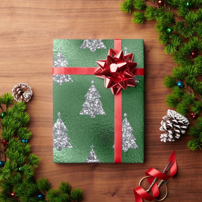 Elegant Green Silver Christmas Trees Holiday Wrapping Paper (Holiday Gift)