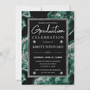 Elegant Green & Silver Glitter Agate Graduation Invitation