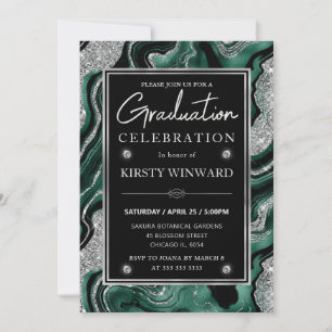 Elegant Green & Silver Glitter Agate Graduation Invitation
