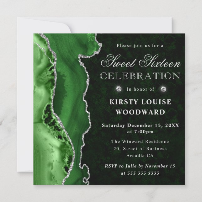 Elegant Green Silver Glitter Agate Sweet 16 Invitation (Front)