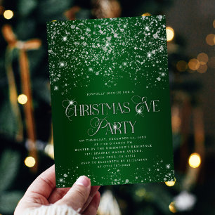 Elegant Green Silver Glitter Christmas Eve Party Invitation