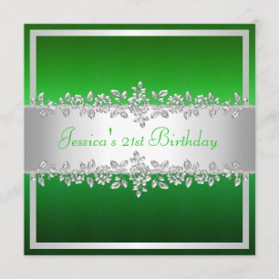 Elegant Green Silver Roses Birthday Party Invitation