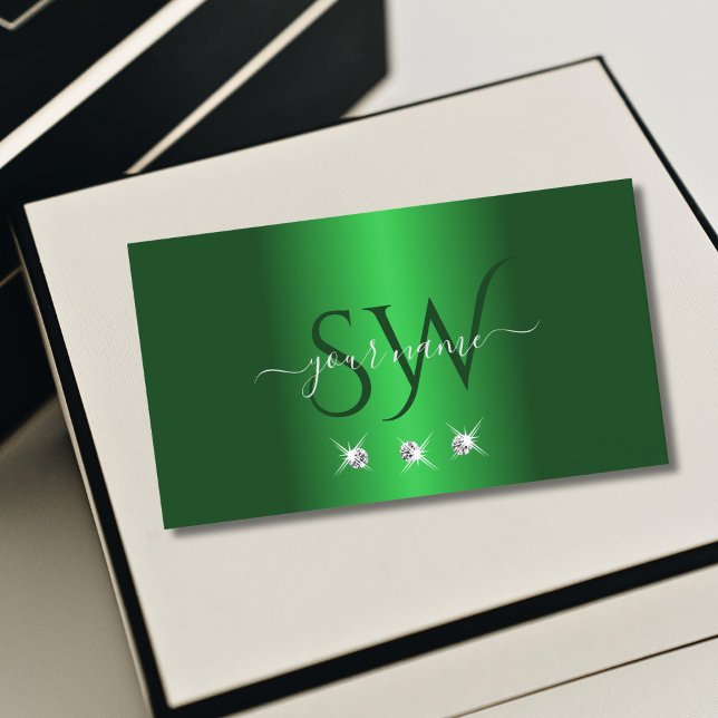 Elegant Green Silver Sparkling Diamonds Monogram Business Card (Creator Uploaded)