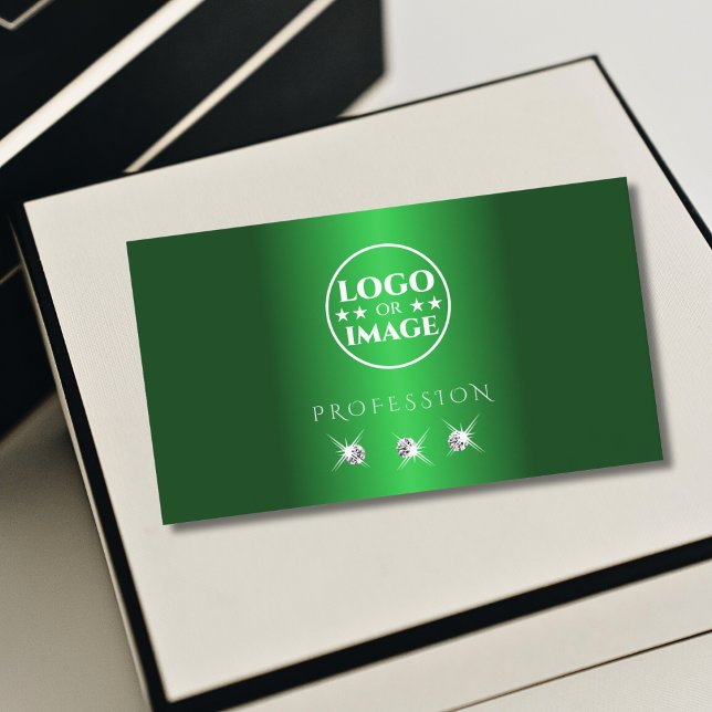 Elegant Green Silver Sparkling Diamonds with Logo Business Card (Creator Uploaded)