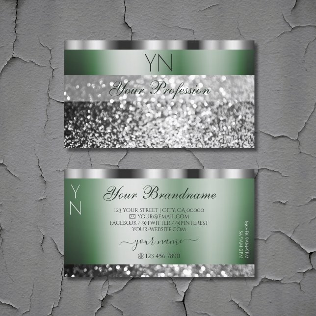 Elegant Green Silver Sparkling Glitter Monogram Business Card (Creator Uploaded)