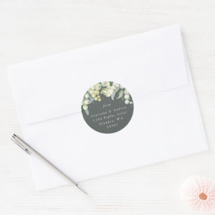 Elegant Green Snowberry+Eucalyptus Address Classic Round Sticker