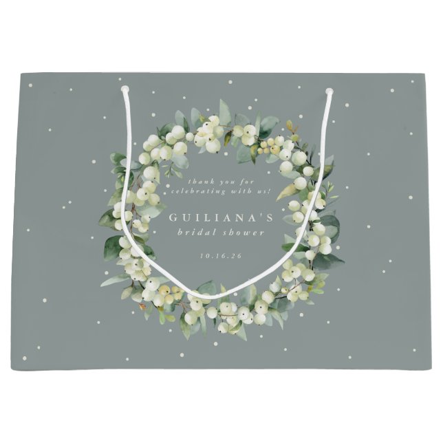Elegant Green Snowberry+Eucalyptus Bridal Shower Large Gift Bag (Front)