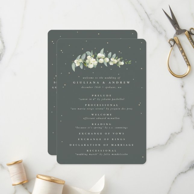 Elegant Green Snowberry+Eucalyptus Stem Wedding Program (Front/Back In Situ)
