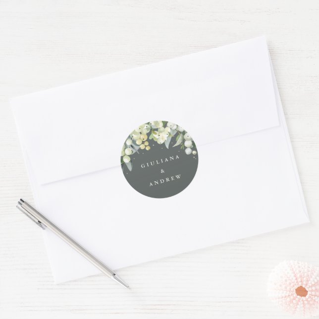 Elegant Green Snowberry+Eucalyptus Wedding Classic Round Sticker (Envelope)