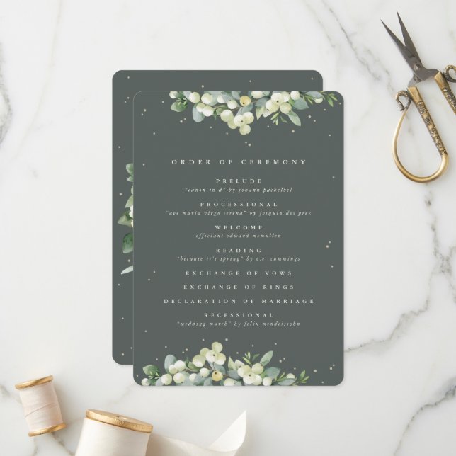Elegant Green Snowberry+Eucalyptus Winter Wedding Program (Front/Back In Situ)