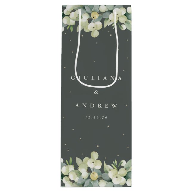 Elegant Green Snowberry+Eucalyptus Winter Wedding Wine Gift Bag (Front)