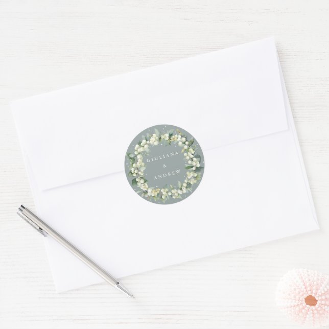 Elegant Green Snowberry+Eucalyptus Wreath Wedding Classic Round Sticker (Envelope)