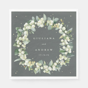 Elegant Green Snowberry+Eucalyptus Wreath Wedding Napkin