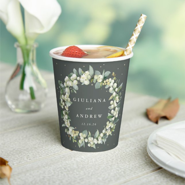 Elegant Green Snowberry+Eucalyptus Wreath Wedding Paper Cups (Insitu)