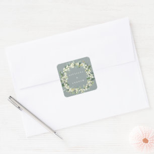 Elegant Green Snowberry+Eucalyptus Wreath Wedding Square Sticker