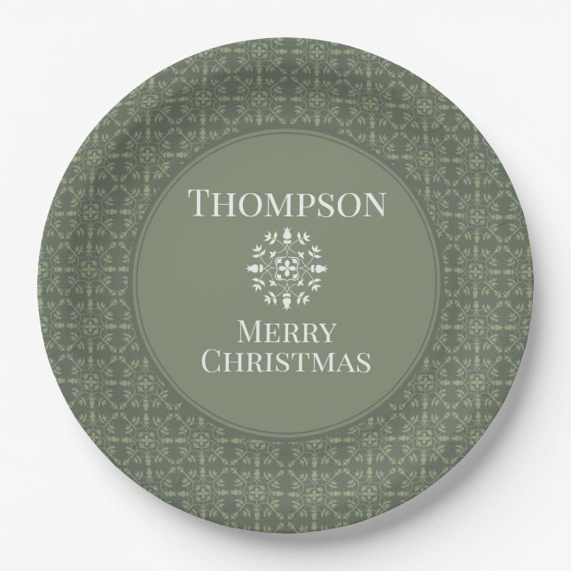 Elegant Green Snowflake Pattern Border Paper Plate (Front)