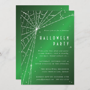 Elegant Green Sparkling Spider Web Halloween Party Invitation
